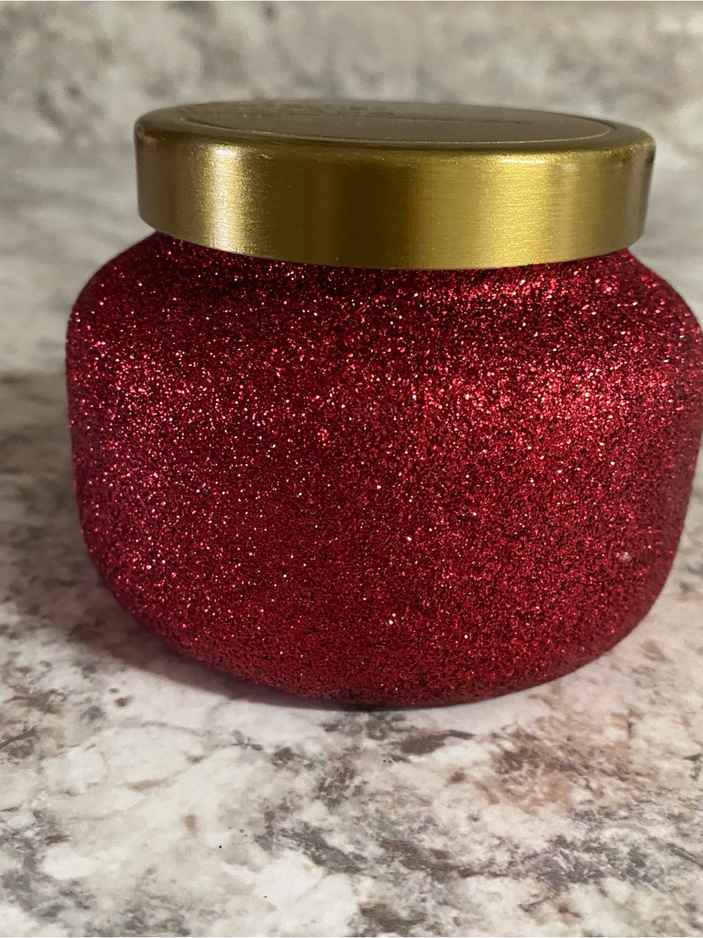 capri BLUE VOLCANO candle Glitter Red Holiday Jar with Gold Lid -
